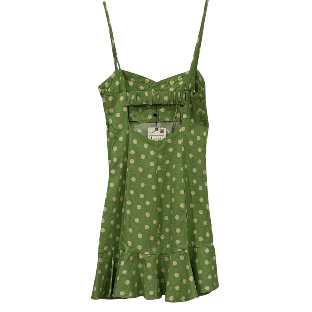 Zara Linen Blend Polka Dot Mini Dress Green Ruffle Hem NWT Women's Size Small - Picture 2 of 12